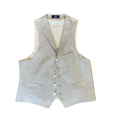 Light gray Hart Schaffner Marx Vest N4O000 in linen-silk, featuring a notch collar, five buttons, and a chest pocket. Laid flat on white background. The tailored design elevates any look with refined sophistication.