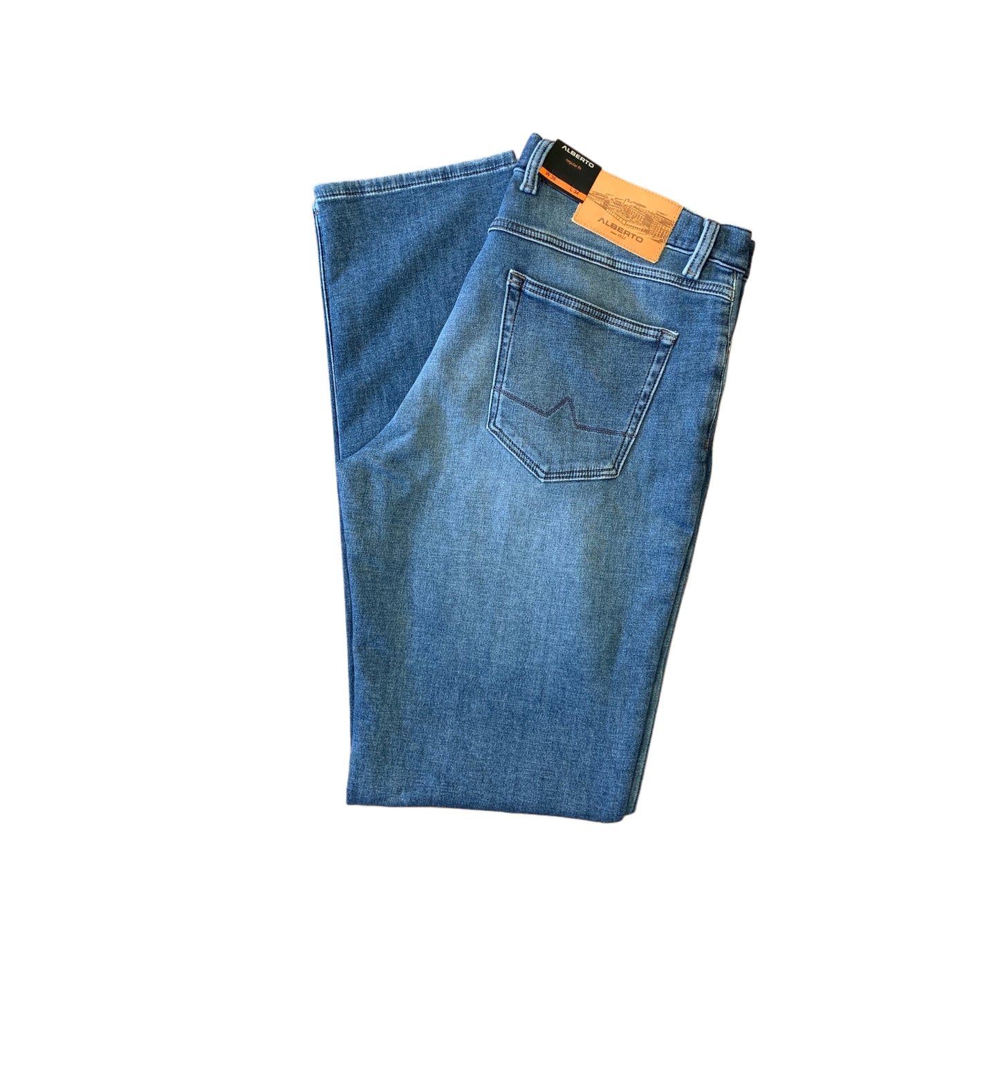 A pair of Alberto Jersey Jeans Pipe 1458 by Alberto in light blue, regular fit, folded with a visible back pocket and brown paper tag on the waistband, displayed on a white background.