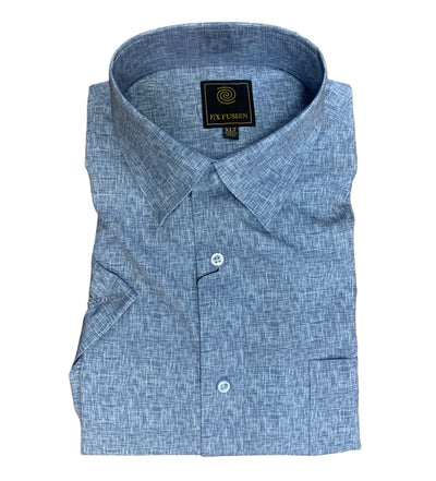 The F/X Fusion Big & Tall Men's Short Sleeve Shirt (FW2272) features blue-gray textured linen, a front pocket, short sleeves, and a visible F/X Fusion brand label inside the collar.