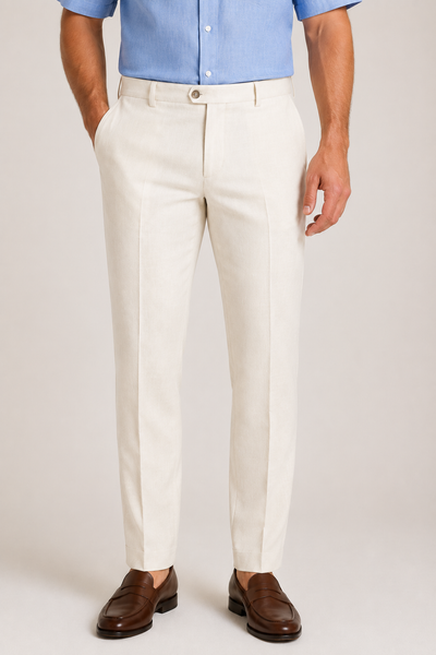 A man is wearing Jack Victor Voyageur Linen Pants R646 by Jack Victor in cream, paired with a light blue button-up shirt and brown loafers, standing with his hands in his pockets against a plain background.
