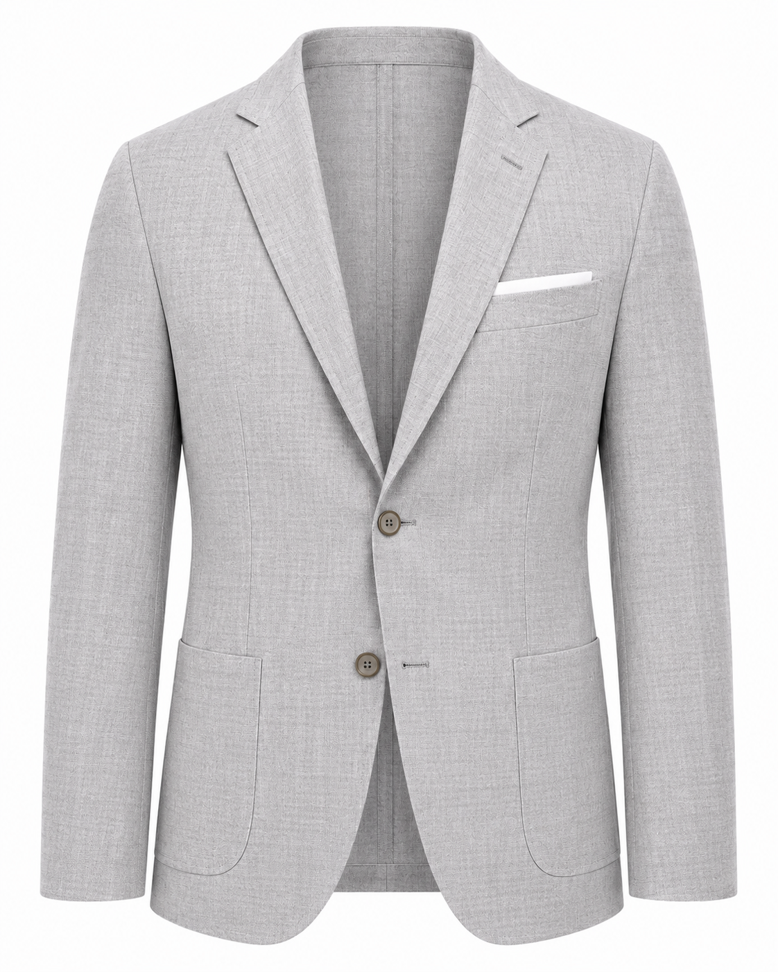 Paul Betenly OP Layton Slim Suit 1LH6120 by Paul Betenly—a light grey single-breasted blazer designed in a slim fit wool silhouette, featuring two buttons, notch lapels, patch pockets, and a white pocket square. Displayed on a plain background for a modern look reminiscent of the classic oatmeal suit.