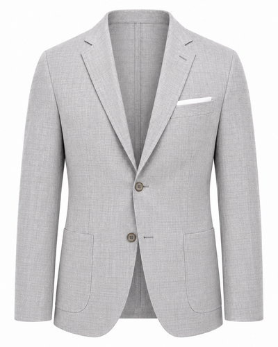 Paul Betenly OP Layton Slim Suit 1LH6120 by Paul Betenly—a light grey single-breasted blazer designed in a slim fit wool silhouette, featuring two buttons, notch lapels, patch pockets, and a white pocket square. Displayed on a plain background for a modern look reminiscent of the classic oatmeal suit.